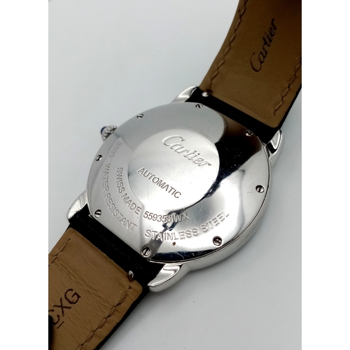 619 - A Cartier Ronde Solo Diamond Ladies Automatic Watch. Black leather strap. Stainless steel case - 37m... 