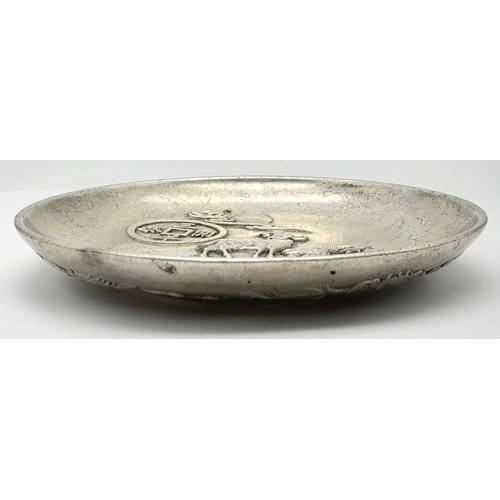 828 - A SUPERB VINTAGE/ANTIQUE CHINESE  WHITE METAL DISH DEPICTING  GOATS TO THE FRONT AND DRAGONS ON THE ... 