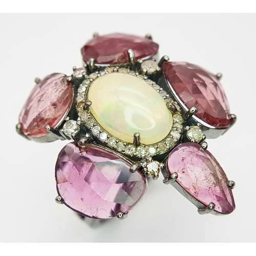 125 - A 5.65ct Pink Tourmaline Gemstone Ring with Opal Centre Cabochon and 0.30ctw of Old Diamond Accents.... 