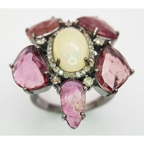 125 - A 5.65ct Pink Tourmaline Gemstone Ring with Opal Centre Cabochon and 0.30ctw of Old Diamond Accents.... 