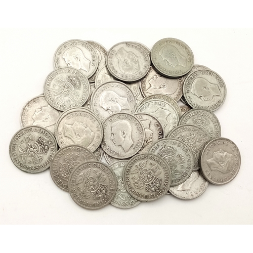 167 - A Collection of 35 Pre 1947 Silver Two Shilling Coins. 390g.