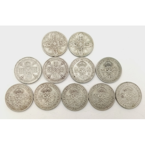 167 - A Collection of 35 Pre 1947 Silver Two Shilling Coins. 390g.