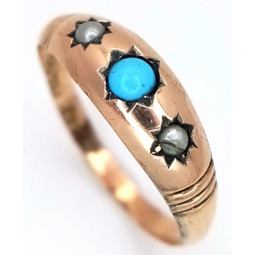 740 - A 9K YELLOW GOLD TURQUOISE AND SEED PEARL SET VINTAGE RING. TOTAL WEIGHT 1.2G. SIZE Q. SC 9030