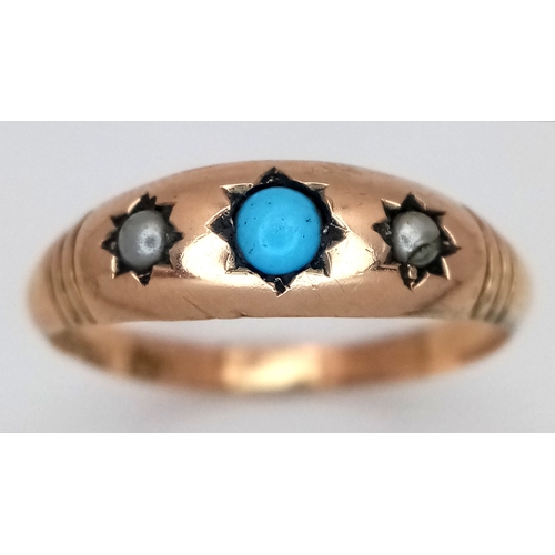 740 - A 9K YELLOW GOLD TURQUOISE AND SEED PEARL SET VINTAGE RING. TOTAL WEIGHT 1.2G. SIZE Q. SC 9030