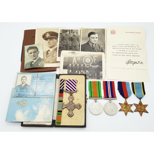 A Distinguished Flying Cross (DFC) awarded to a Lancaster bomber Flight Engineer in 1944  for his service with the renowned 115 Squadron, Royal Air Force.  The DFC is un-named as issued but accompanied by the Buckingham Palace bestowal slip addressed to Flight Lieutenant A T Dewar.
Alfred Thomas Dewar (known as ‘Dickie’) was born on 26 January 1921 at Poplar, East London. He enlisted into the RAF as an Aircraft Hand (ACH) with the rank of Aircraftman Second Class (AC2) in May 1938 and was posted to RAF Cardington, near Bedford, to complete his initial training. Formerly the base of the R101 airship, RAF Cardington started constructing barrage balloons in 1936-37 and became the No 1 RAF Balloon Training Unit responsible for the training of barrage balloon operators and drivers. In 1942 the new role of Flight Engineer was introduced into the RAF, the primary purpose of which was to assist pilots in the flying of large, multi-engine aircraft that had become too technically complex to be operated by a single pilot. By taking over management of the aircraft’s various systems the Flight Engineer freed the pilot to concentrate on the actual flying of the aircraft and, having received basic flying instruction, was also regarded as the aircraft’s co-pilot.  
Dickie Dewar volunteered for aircrew duty as a Flight Engineer and received his technical training at RAF St Athan and further type-specific training for the Lancaster bomber at the Avro Company. On completion of his training in 1943 he was posted to 115 Squadron at RAF Mildenhall, in the rank of Sergeant, for operational duty as a Flight Engineer. 115 squadron (code letters A4, AA, IL, KO)  was part 3 Group of Bomber Command and was in the forefront of the Group’s operations in its strategic bombing campaign against Germany. In April 1939 it had been equipped with the Vickers Wellington and when the Wellington was later phased out the Squadron became the first in Bomber Command to take on charge the Bristol Hercules-powered Lancaster Mk II. This was replaced in 1944 by the iconic Merlin-powered Mks I and III Lancasters. Operating successively from RAF stations at Marham, Mildenhall, East Wretham and Little Snoring, November 1943 saw the squadron finally settled at Witchford, near Ely in Cambridgeshire, from where it operated until the end of the war. Its battle honours were forged in the heat of all Bomber Command’s major campaigns over occupied Europe, including The Ruhr, Berlin, Overlord, and the Oil and Transportation Plans. By the end of hostilities, 115 Squadron had one of the finest records in Bomber Command, having participated in 678 bombing and mining raids, totalling 7,753 sorties. In doing so, the Squadron lost 208 aircraft on operations, the highest total in Bomber Command and dropped approximately 23,000 tons of bombs, the second highest total in Bomber Command.
Sergeant Dewar was appointed to a commission as a Pilot Officer on 8 February 1944 and was promoted to war substantive Flying Officer on 8 August 1944.  He completed a full tour of 30 operational sorties and was awarded the DFC on completion of his tour in August 1944 (London Gazette 17 October 1944).  He was then employed on training duties until the end of the war, at No. 3 Lancaster Finishing School (LFS), located at RAF Feltwell, which trained aircrews for the Lancaster bomber before they were assigned to operational squadrons. He married Eileen May Sugg (1922-1998) in January 1945 and, post war, he was employed in civil aviation as a flight engineer on Tudor aircraft.  He died of a heart attack at Southend-on-Sea on 7 June 1991, at the age of 70.
During the Second World War, RAF Bomber Command suffered devastating casualties, with over 55,500 men killed out of approximately 125,000 aircrew; a fatal casualty rate of over 44%. Another 18,700 aircrew were wounded, injured  or became prisoners of war, with only about 30% surviving their tour of duty without being killed, injured, or captured.  So, Dickie Dewar’s DFC, like all the other awards to members of Bomber Command, was hard-won indeed.
The DFC is officially dated 1944 on reverse and in its Royal Mint fitted case of issue, with original silk ribbon and investiture pin brooch, Buckingham Palace bestowal slip and undress ribbon bar dating from 1945; together with Flying Officer Dewar’s WW2 campaign medals consisting of: the 1939-1945 Star, The Air Crew Europe Star and the Defence and War Medals, and copy extracts from the London Gazette and the RAF List, and ephemera including:
An original photograph showing the air and ground crews of Lancaster Mk II F-Freddie of 115 Squadron, circa late 1943; Flight engineer Sgt Dewar is on the left of the front row.
Photographs of AC2 Dewar (on right) with colleague at RAF Cardington, May 1938, AC Dewar alone in RAF No 1 dress and Pilot Officer Dewar on commissioning (2).
	RAFVR ID card and civil flight engineer’s licence from the 1950s.
DFC lightly toned; Extremely Fine (EF) condition.