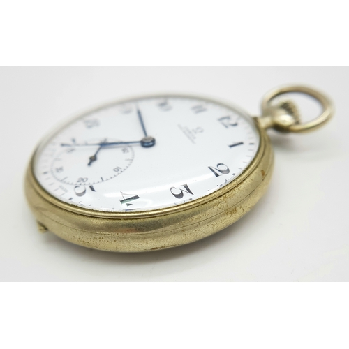 143 - A Vintage Omega White Metal Pocket Watch. 48mm diameter. White dial with second sub dial. Top winder... 