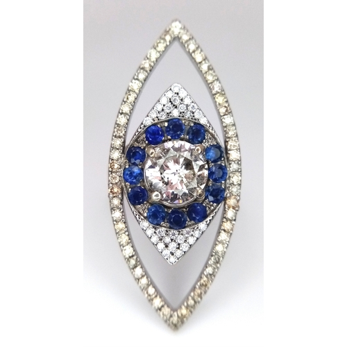 99 - An Art Deco Style Diamond and Sapphire Ring set in 18K White Gold. A 1.5ct round brilliant cut centr... 