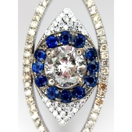 99 - An Art Deco Style Diamond and Sapphire Ring set in 18K White Gold. A 1.5ct round brilliant cut centr... 