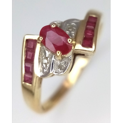 109 - A 9K Yellow Gold, Ruby and Diamond Crossover Ring. Size N 1/2. 2.13g.