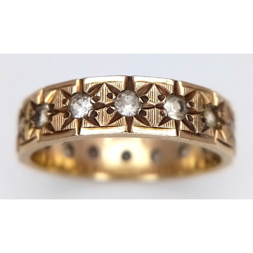 134 - A Vintage 9K Yellow Gold White Stone Band Ring. Size P. 3.9g.