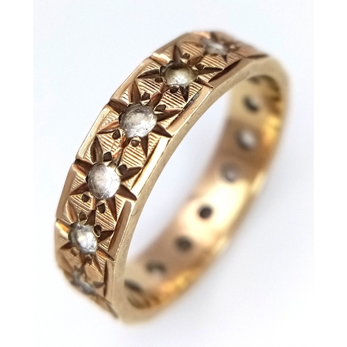 134 - A Vintage 9K Yellow Gold White Stone Band Ring. Size P. 3.9g.