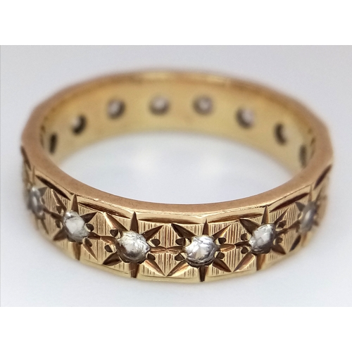 134 - A Vintage 9K Yellow Gold White Stone Band Ring. Size P. 3.9g.