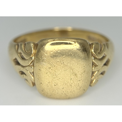 64 - A Vintage 9K Yellow Gold Signet Ring. Size V 1/2. 6.6g.