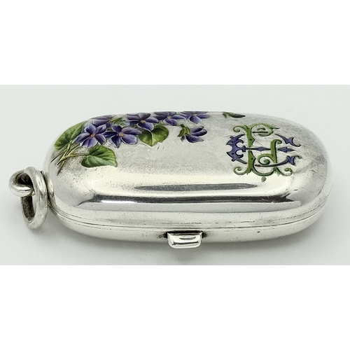 88 - An Antique Sterling Silver Sovereign Holder with Floral Enamel Decoration. 6cm. Hallmarks for Birmin... 