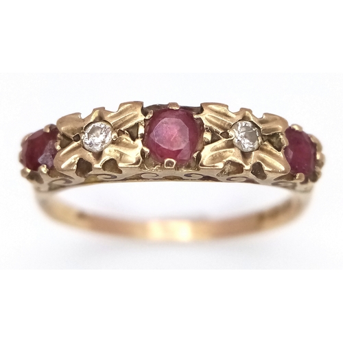 95 - A Vintage 9K Yellow Gold Ruby and Diamond Ring. Size O. 2.1g.