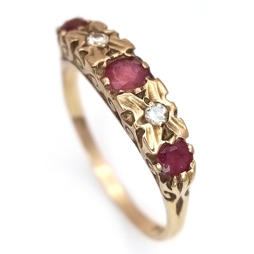 95 - A Vintage 9K Yellow Gold Ruby and Diamond Ring. Size O. 2.1g.