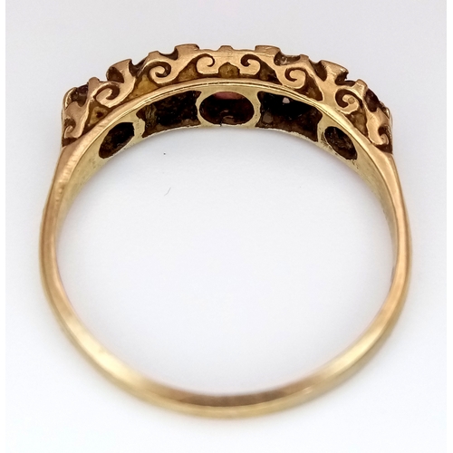95 - A Vintage 9K Yellow Gold Ruby and Diamond Ring. Size O. 2.1g.