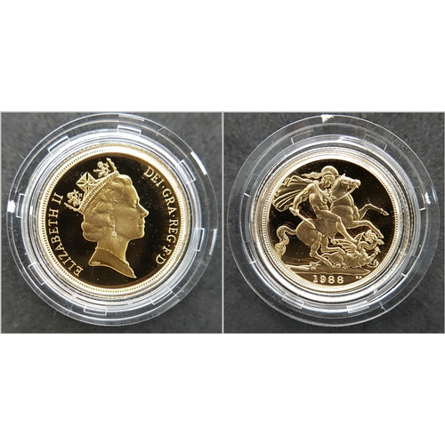 108 - A Royal Mint 1988 United Kingdom Gold Proof Coin Set. Includes: Two-pounds, Sovereign and half-sover... 
