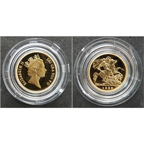108 - A Royal Mint 1988 United Kingdom Gold Proof Coin Set. Includes: Two-pounds, Sovereign and half-sover... 