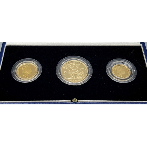 108 - A Royal Mint 1988 United Kingdom Gold Proof Coin Set. Includes: Two-pounds, Sovereign and half-sover... 