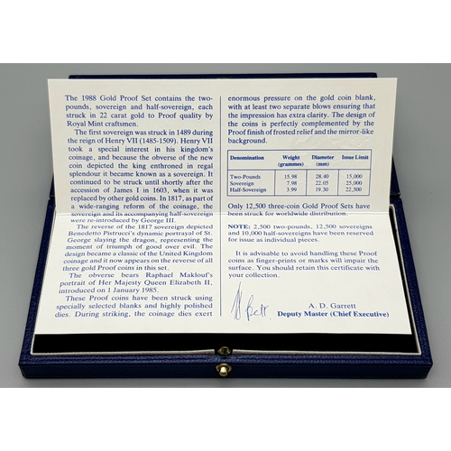 108 - A Royal Mint 1988 United Kingdom Gold Proof Coin Set. Includes: Two-pounds, Sovereign and half-sover... 