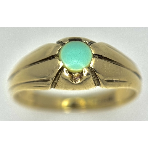 130 - A Vintage 9K Yellow Gold Turquoise Set Ring. Size R. 3.4g.