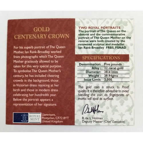 163 - A 2000 The Queen Mother Centenary £5 Gold Proof Crown Coin. 22k gold, 38.61mm diameter, 39.94g. Numb... 