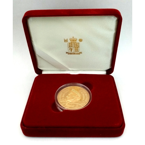 163 - A 2000 The Queen Mother Centenary £5 Gold Proof Crown Coin. 22k gold, 38.61mm diameter, 39.94g. Numb... 