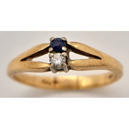 178 - A 9K Yellow Gold Diamond and Sapphire Ring. Size K. 1.85g.