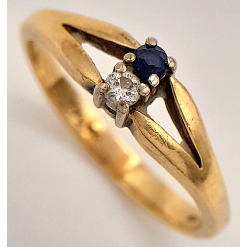 178 - A 9K Yellow Gold Diamond and Sapphire Ring. Size K. 1.85g.