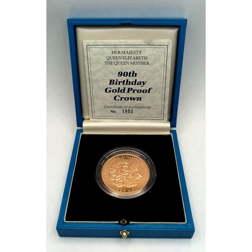 73 - A Commemorative 90th Birthday Gold Proof £5 Crown Coin for The Queen Mother. 22k gold. Limited editi... 