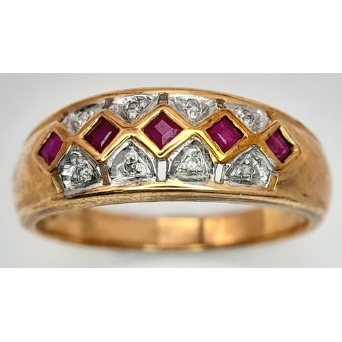 74 - A 9K Yellow Gold Ruby and Diamond Ring. Size P. 3.4g.