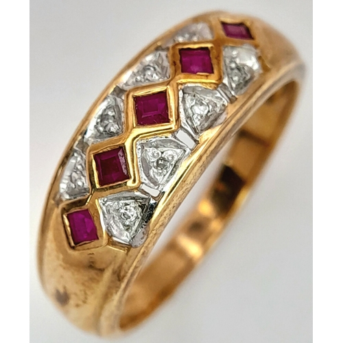 74 - A 9K Yellow Gold Ruby and Diamond Ring. Size P. 3.4g.