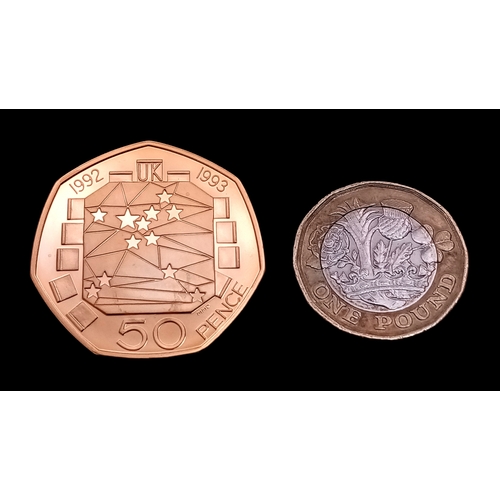 87 - A Royal Mint 1992-1993 Gold Proof Fifty Pence Coin. Queen Elizabeth II. 22k gold. 26.32g. Limited ed... 
