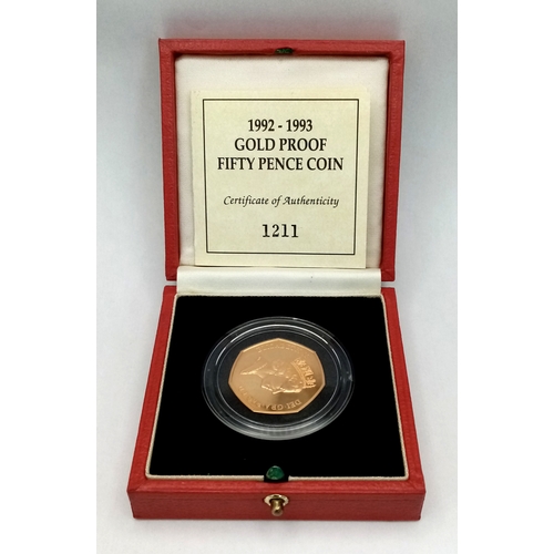 87 - A Royal Mint 1992-1993 Gold Proof Fifty Pence Coin. Queen Elizabeth II. 22k gold. 26.32g. Limited ed... 