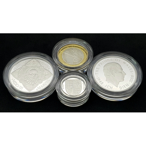 148 - A Royal Mint Silver Proof Piedfort Four-Coin Collection. Elizabeth I £5 - 56.56g, Prince Charles - £... 