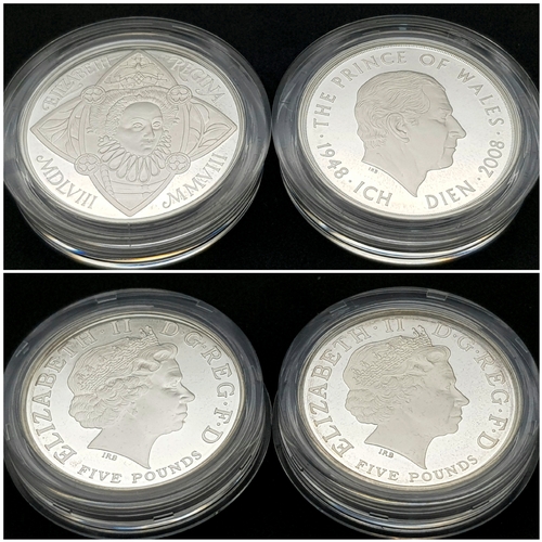 148 - A Royal Mint Silver Proof Piedfort Four-Coin Collection. Elizabeth I £5 - 56.56g, Prince Charles - £... 
