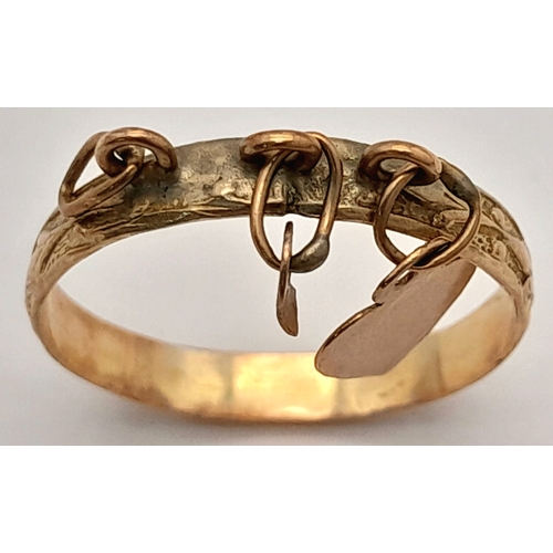 177 - A 9K Yellow Gold Band Ring with Hanging Heart charm. Size N. 1.45g