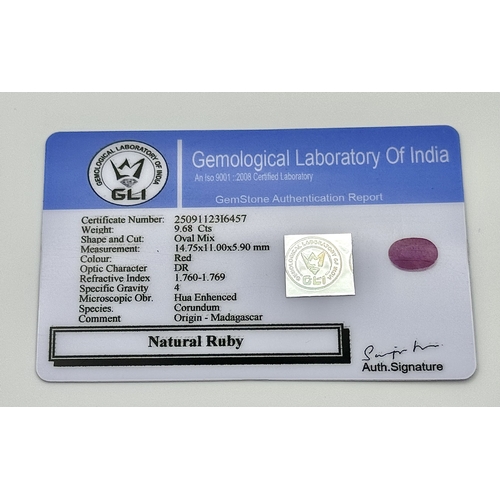 730 - A 9.68ct Faceted Madagascan Natural Ruby Gemstone. Oval shape. GLI certified. Ref: V.C.11