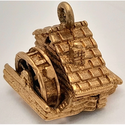 724 - A 9K Yellow Gold House Pendant. Movable water wheel! 12mm. 3.1g.