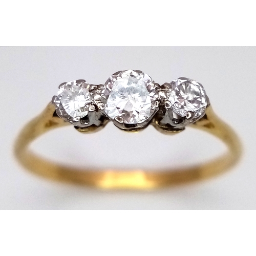 104 - AN 18K YELLOW GOLD 3 STONE DIAMOND RING. 0.40CTW. 2G. SIZE Q. 9788.