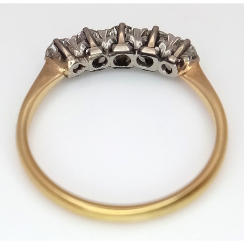96 - AN 18K YELLOW GOLD VINTAGE OLD CUT DIAMOND 5 STONE RING. 0.65CTW. 2.3G. SIZE N. 9789