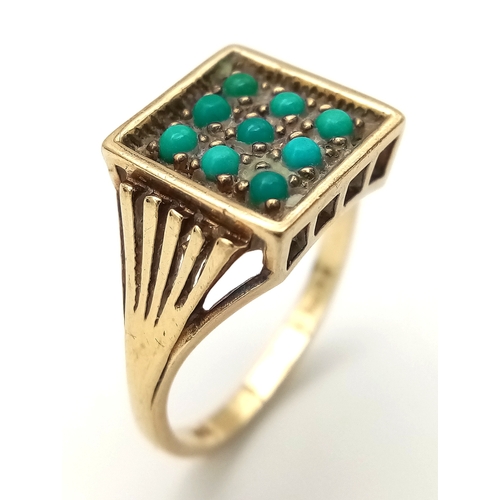 70 - Interesting 9 CARAT GOLD RING with TURQUOISE STONES  set to top in ‘GRID’  Style. Full UK hallmark .... 