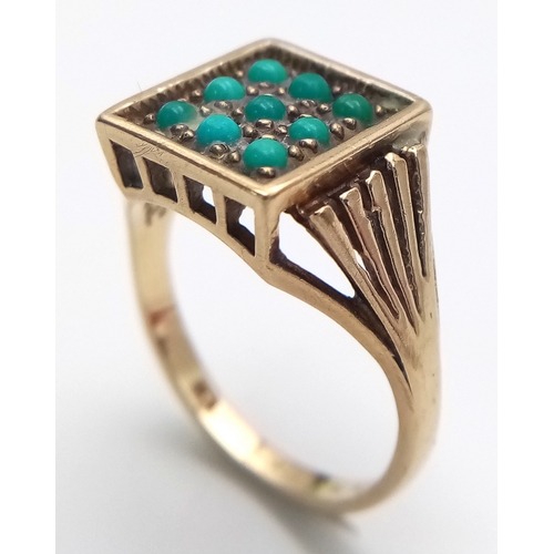 70 - Interesting 9 CARAT GOLD RING with TURQUOISE STONES  set to top in ‘GRID’  Style. Full UK hallmark .... 