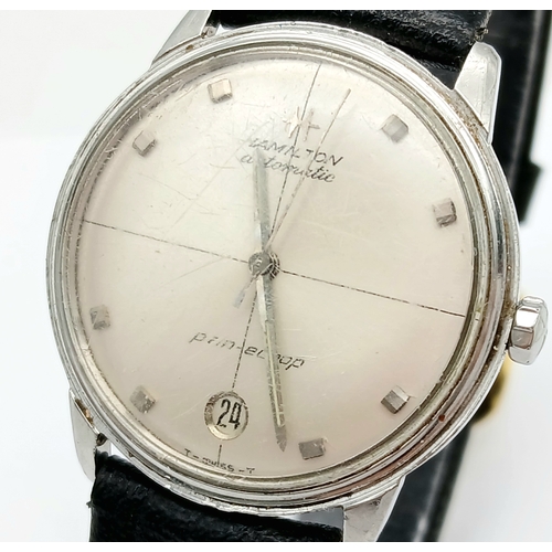 77 - Gentleman’s HAMILTON AUTOMATIC WRISTWATCH. Black leather strap . Circular Date window at 6 o’clock. ... 