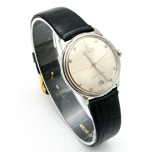 77 - Gentleman’s HAMILTON AUTOMATIC WRISTWATCH. Black leather strap . Circular Date window at 6 o’clock. ... 