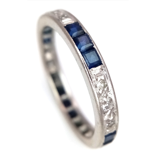 82 - AN 18K WHITE GOLD VINTAGE DIAMOND AND SAPPHIRE SET FULL ETERNITY RING. 3.7G. SIZE P. SC4081.