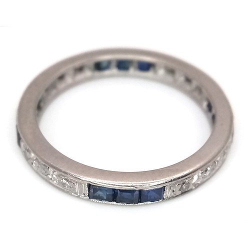 82 - AN 18K WHITE GOLD VINTAGE DIAMOND AND SAPPHIRE SET FULL ETERNITY RING. 3.7G. SIZE P. SC4081.