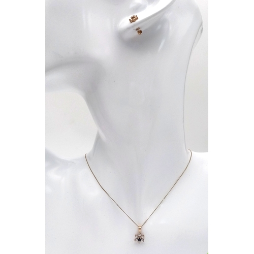 98 - 9 CARAT GOLD NECKLACE with SAPPHIRE  PENDANT and matching EARRING SET. Sparkling zirconia detail.  1... 