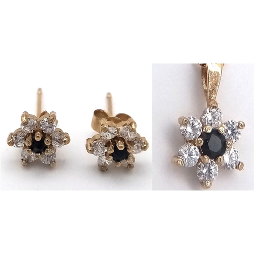 98 - 9 CARAT GOLD NECKLACE with SAPPHIRE  PENDANT and matching EARRING SET. Sparkling zirconia detail.  1... 